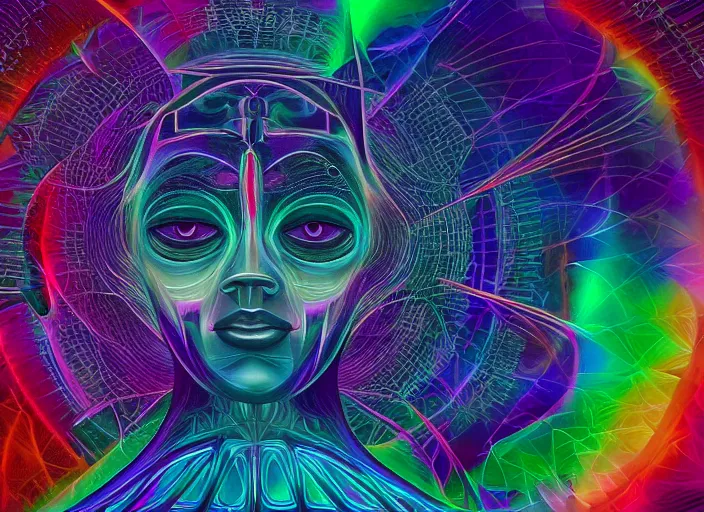 Image similar to trasnformation into transcendence into collaborative intelligence, endless collaboration with ai, connectedness, body, by alex grey, album cover, award winning, beautiful, colorful, volumetric lighting, trending on artstation, cinematic