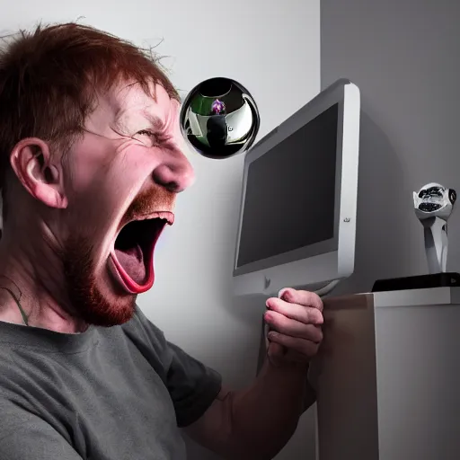 Image similar to crazy scottish man getting angry playing a computer game, photo real, dslr camera, 4 k, ray tracing