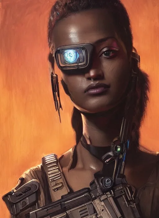 Image similar to Beautiful Juliana. beautiful female cyberpunk Blackops commander wearing a military vest and military stealthsuit (cyberpunk 2077, Blade Runner 2049). gorgeous face. African woman. Orientalist portrait by john william waterhouse and Edwin Longsden Long and Theodore Ralli and Nasreddine Dinet, oil on canvas. Cinematic, hyper realism, realistic proportions, dramatic lighting, high detail 4k