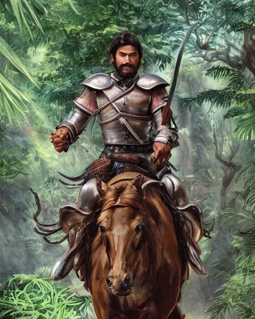 Image similar to detailed portrait of a spanish conquistador riding a horse in a dense jungle, art by clay mann and takeshi obata and greg rutkowski, studio ghibli color cheme, portrait, tarot card, sharp focus, unreal engine, detailed, realistic, face