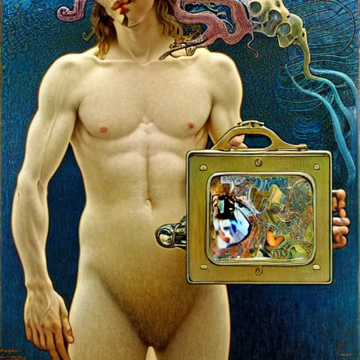 Image similar to realistic extremely detailed portrait painting of. an average. man with his. briefcase .in his. left hand . by Jean Delville, Amano, Yves Tanguy, Alphonse Mucha, Ernst Haeckel, Edward Robert Hughes, Roger Dean, pale muted pastel moody colors, gold eyes