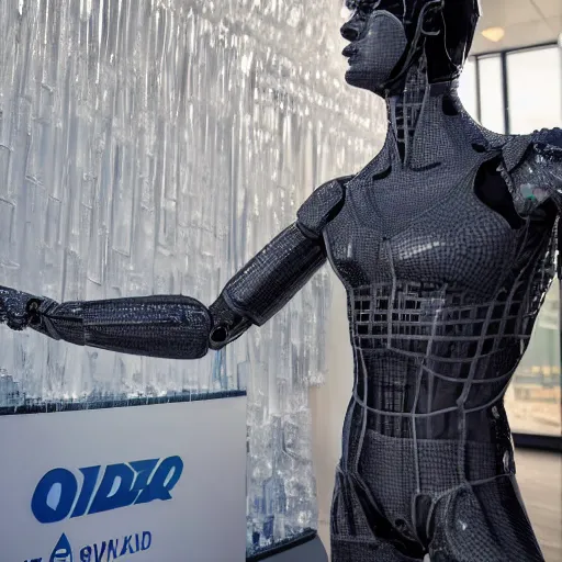 Image similar to made of ice, a realistic detailed photo of a guy who is an attractive humanoid who is half robot and half humanoid, who is a male android, on display, blank stare, showing off his muscles, shiny skin, posing like a statue, by the pool, frozen ice statue, f 1 driver max verstappen, humanoid robot