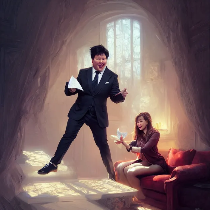 Image similar to portrait of michael mcintyre leaving on a sofa with a singing waitress, elegant, real life skin, intricate artwork, high detailed, artstation, concept art, smooth, sharpz focus, art by artgerm and greg rutkowski