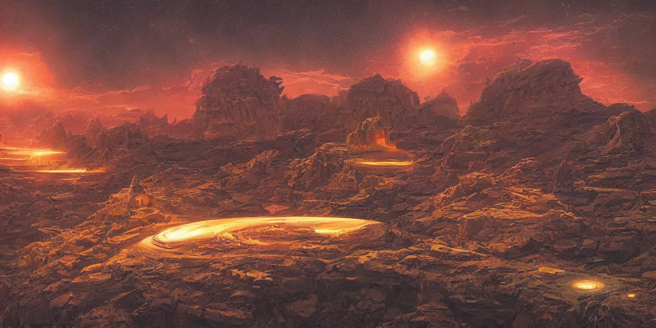 Image similar to artwork in the style of finnian macmanus and in the style of chesley bonestell.