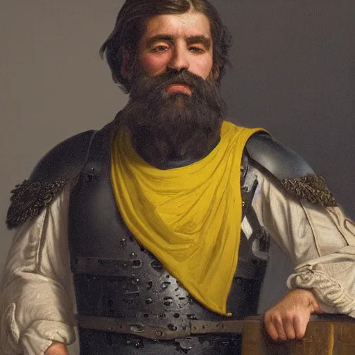Image similar to Medium closeup shot frustrated and acerbic male bearded Imperial soldier wearing a {black and yellow tabard} over a steel breastplate and a black gambeson leaning over a table, by Raymond Swanland Greg Rutkowski Lise Deharm, {perfect face}, {perfect eyes}, {perfect body}, {hands planted on war table while standing},