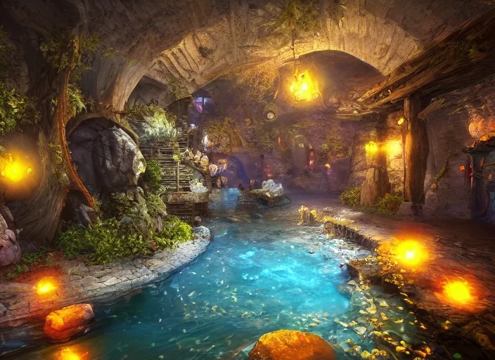 Image similar to magical mine illustration. fantasy, dramatic lighting, 8 k, sharp focus, global illumination, unreal engine, detailed and intricate environment, koi pond