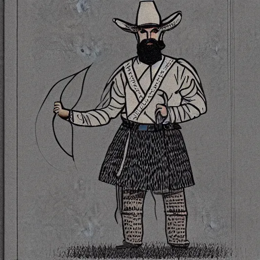 Prompt: bearded cowboy standing alone in central asian steppe, persian folkore illustration