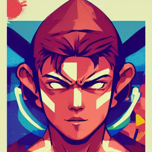 Prompt: Street Fighter 3 profile picture by Sachin Teng, asymmetrical, Organic Painting , adidas, Impressive, Award Winning, Warm, Good Vibes, Positive, geometric shapes, hard edges, energetic, intricate background, graffiti, street art:2 by Sachin Teng:4