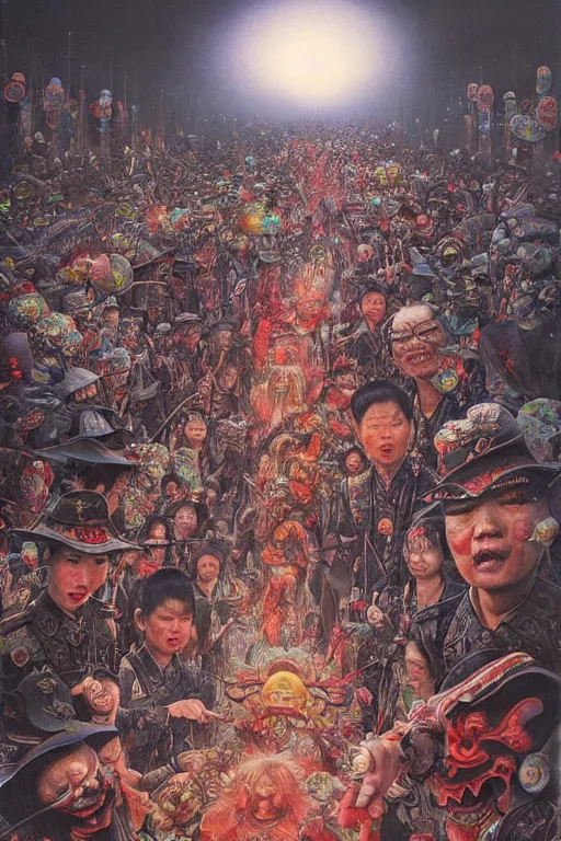 Image similar to 中 国 鬼 节, long procession of the dead is queuing up on the naihe bridge. psychedelic lights and fog, zdzislaw, ayami kojima, yamamoto, barclay shaw, karol bak, hyperrealist, 8 k