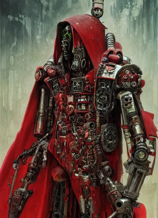 Image similar to portrait of rotten Nicolas Cage as adeptus mechanicus in red hood and robe from Warhammer 40000. Highly detailed, artstation, illustration by and John Blanche and zdislav beksinski and wayne barlowe