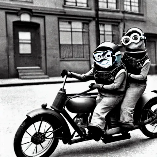Image similar to minions from despicable me ridding a half - track motorcycle with a single front wheel, better known as the kleines kettenkraftrad hk 1 0 1, in the empty and destroyed london, circa 1 9 3 9, 4 k hd