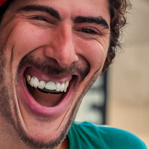 Image similar to extremely zoomed - in photo of spanish laughing guy el risitas face showing his big grin and laughing kek meme face