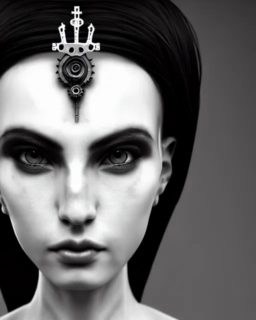 Image similar to black and white side portrait ultra detailed, beautiful female android with steampunk mechanical skin, crown, deity, sharp focus, highly detailed global illumination, concept art. 8 k