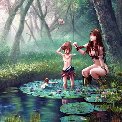 Image similar to a girl warrior and her daughter bathing in a magical pond by ross tran, forest, fantasy, artwork, highly detailed faces