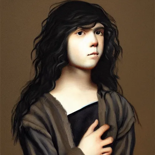 Prompt: painting of a long black haired black eyed boy teenager with a black sweater, renaissance!!! painting!!!, ultra detailed, masterpiece, baroque