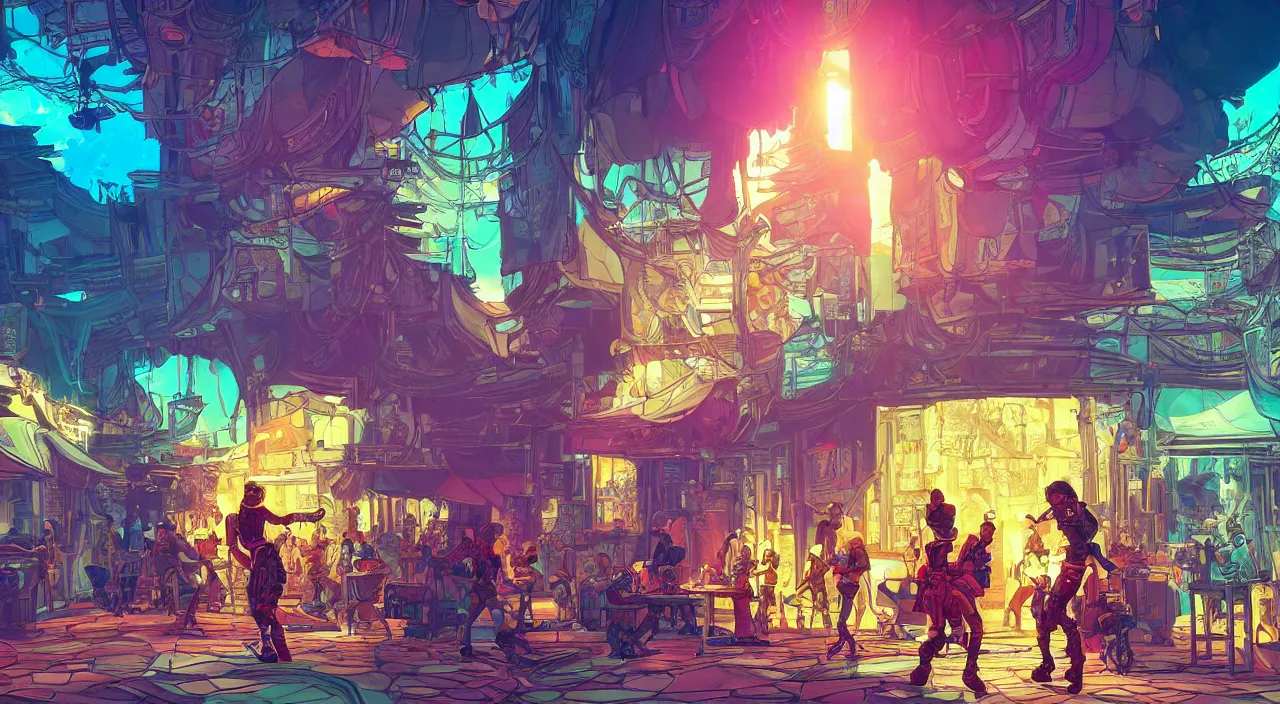 Image similar to bazaar zouk oriantal full color sky shine place mosquet painting stylized digital illustration video game icon global illumination ray tracing that looks like it is from borderlands and by feng zhu and loish and laurie greasley, victo ngai, andreas rocha, john harris