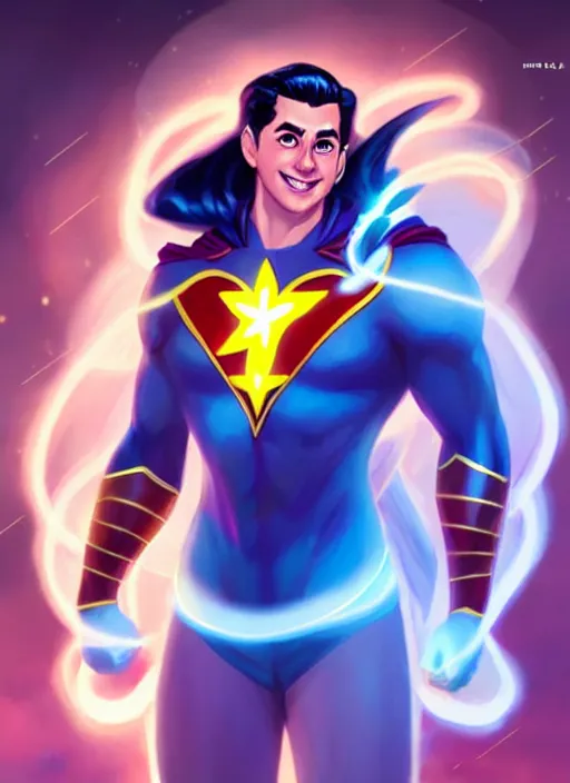 Image similar to full body portrait of shazam as a magical star guardian. detailed face, concept art, intricate, highly detailed 8 k, smooth, sharp focus, handsome and aesthetic shape of face and body, artgerm, artstation, art by zexi guo and nira and junpei suzuki and gharliera and rinotuna