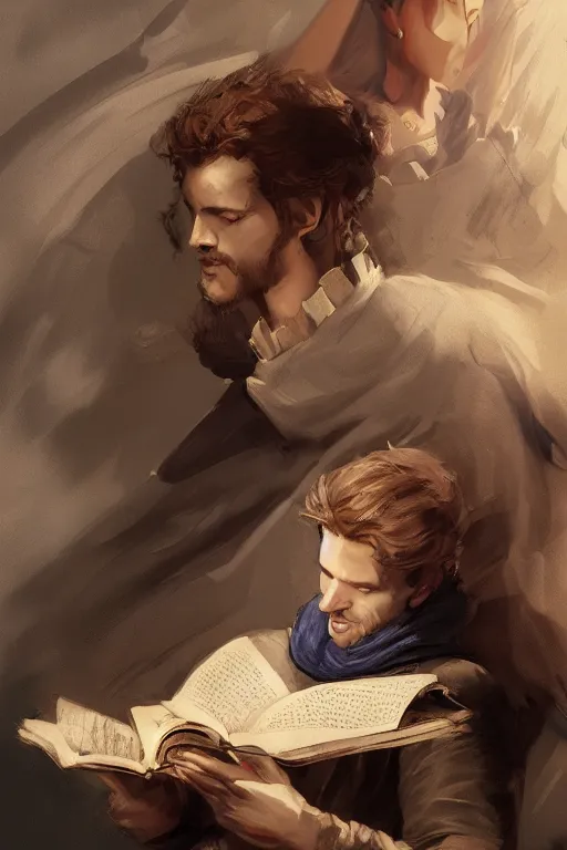 Prompt: concept art of fitzchivalry reading the book les antiseches du bonheur of jonathan lehmann, nighteyes is looking warmly over his shoulders, by aenaluck, artgerm and roberto ferri and greg rutkowski, blue and white tones, digital painting, artstation, concept art, smooth, sharp foccus ilustration hq
