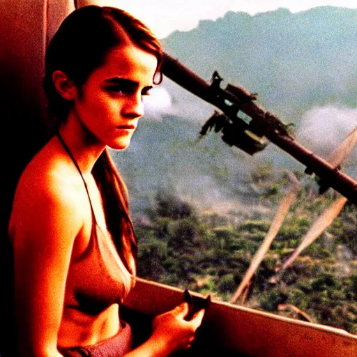 Image similar to film still, extreme far view, emma watson vietnam door gunner, film still from apocalypse now ( 1 9 7 9 ), 2 6 mm, kodak ektachrome, blue tint expired film,