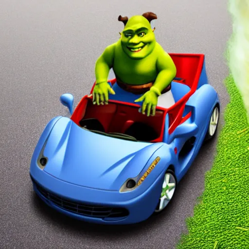 Image similar to shrek driving a ferrari