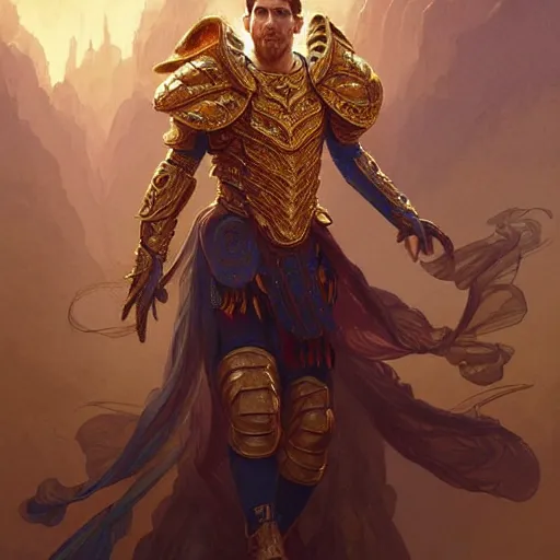 Prompt: Lionel Messi wearing a beautiful golden armor, D&D, fantasy, intricate, elegant, highly detailed, digital painting, artstation, concept art, matte, sharp focus, illustration, art by Artgerm and Greg Rutkowski and Alphonse Mucha