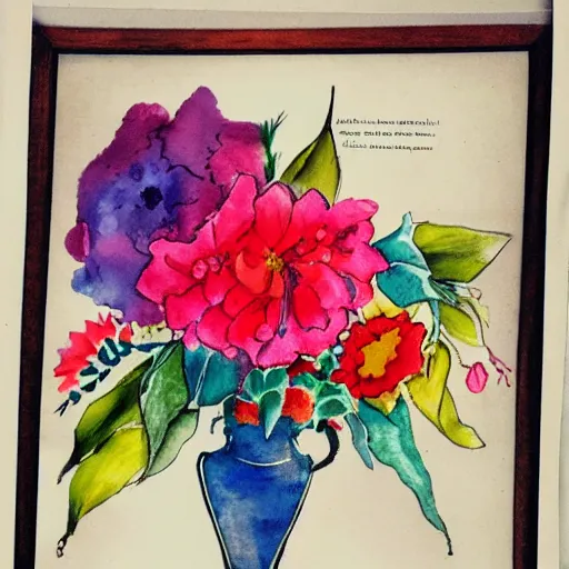 Prompt: a fancy vase with a colorful and beautiful flower arrangement by the fancy window. very stylize and delicate watercolor and pencil drawing on old newspaper. colors splashes. stains. view from far.