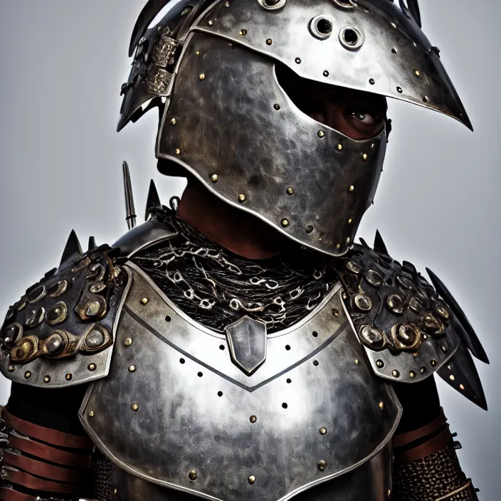 Image similar to portrait photograph of a real-life warrior with metal jaguar armour. Extremely detailed. 8k