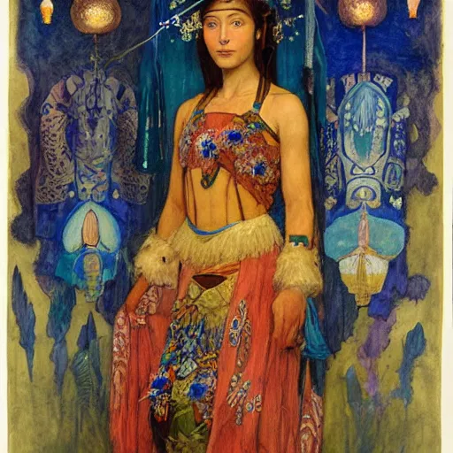 Image similar to queen of the dawn with her lantern and regalia, by Annie Swynnerton!! and Nicholas Roerich! and ((((((Tino Rodriguez and Diego Rivera)))))), embroidered robes, floral tattoos, bioluminescent skin!, elaborate costume, geometric ornament, symbolist, soft colors, dramatic lighting, smooth, sharp focus, extremely detailed