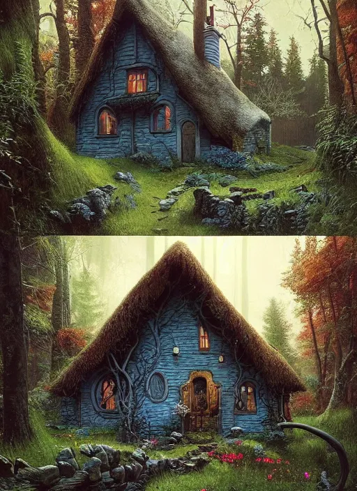 Image similar to hyper realistic homely ornate modern witch cottage distant down a path in the woods gorgeous lighting, blue sky, highly detailed, lush forest by zdzisław beksinski and norman rockwell and greg rutkowskiweta studio, and lucasfilm