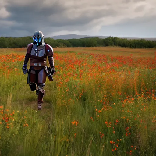 Prompt: mandalorian skipping through field of wildflowers, stunning cinematography, light diffusion