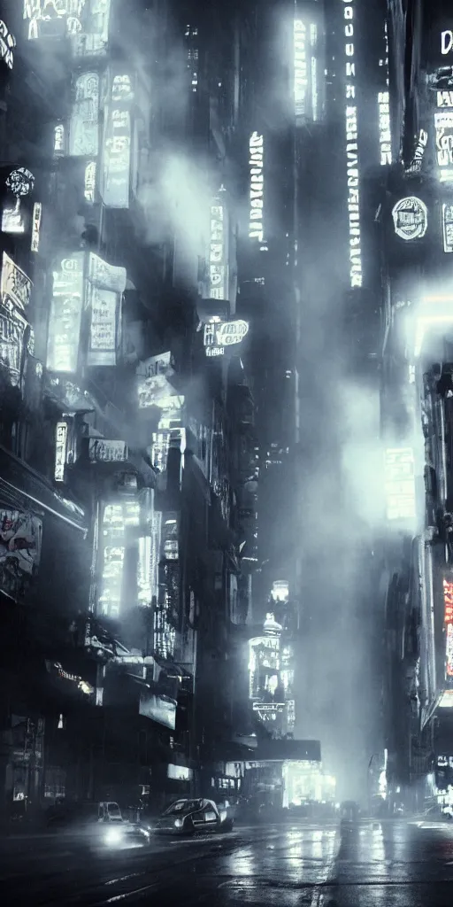 Prompt: city streets, neon signs, giant screens, eerie fog, blade runner, ex machina