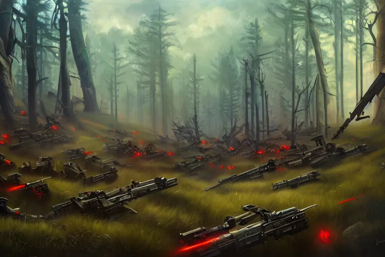 Prompt: grim oil painting of weaponized high technology battlefield in a forest, magali villeneuve, trending on artstation