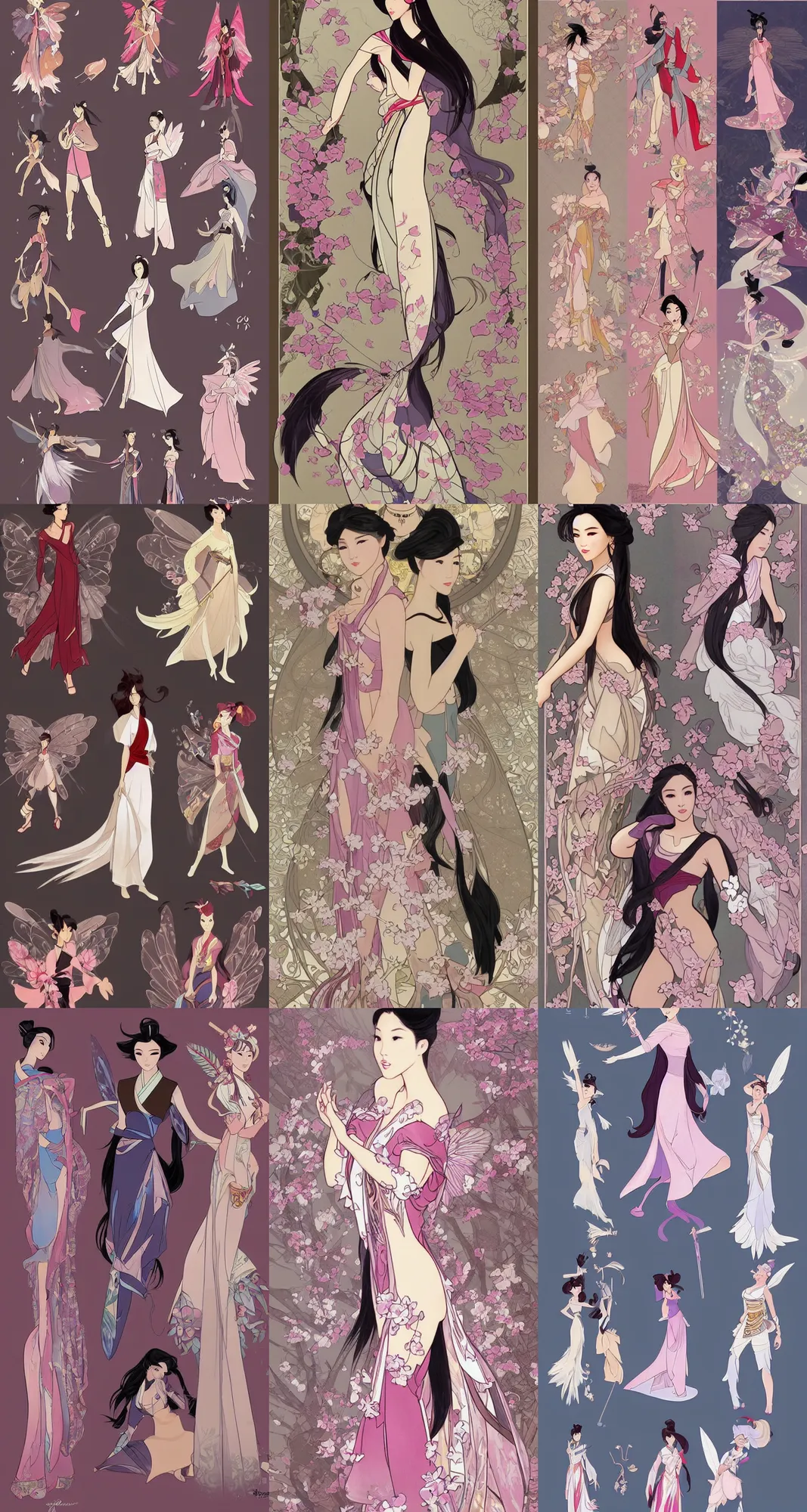 Prompt: Character concept and fashion spot illustrations from the Final Fantasy and Disney's Mulan mashup, fashion inspired by cherry blossom petals and butterfly wings, full-body, bloom, dynamic poses, diaphanous cloth, intricate crystalline and feather jewelry, ornate, filigree, arcane, cinematic lighting, by Alphonse Mucha, by James Gurney, by Bouguereau, by Rubens, fantasy, portfolio illustration, highly detailed, trending on Artstation, CGsociety, HQ, 8k, 35mm lens, f2.8, Bokeh,