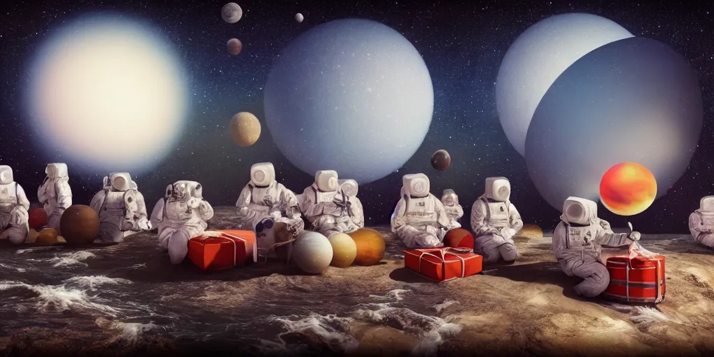 Image similar to twelve astronauts sitting by the river with a big holiday cake + octane render + planets and stars + mystical fog, super detail, high quality