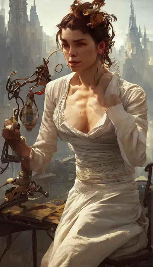 Image similar to tailor on the market, man, sweaty, insane, intricate, highly detailed, digital painting, artstation, concept art, smooth, sharp focus, illustration, Unreal Engine 5, 8K, art by artgerm and greg rutkowski and alphonse mucha