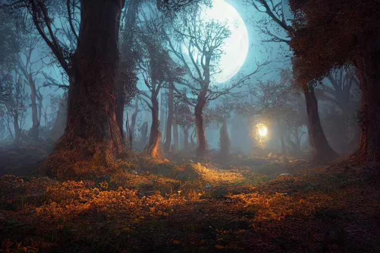 Image similar to unreal engine hyperreallistic render 8k highly detailed 4K fantasy matte painting of a spooky moonlit forest at night in october