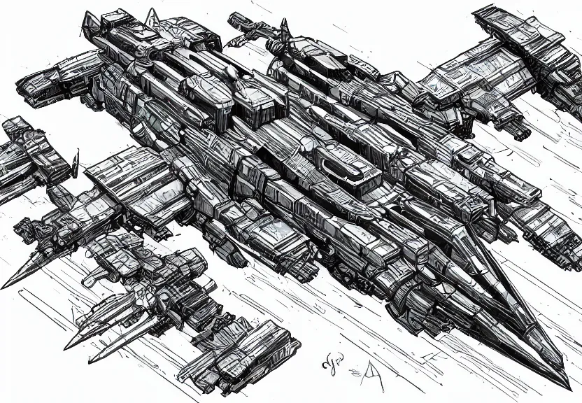 Prompt: isometric pen and ink concept art of a spaceship wearing mecha armour by sparth line art