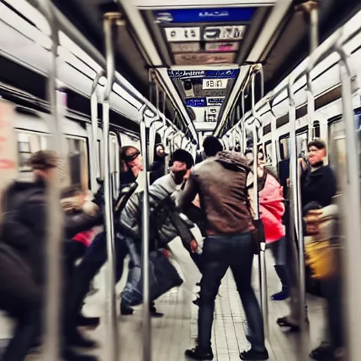 Image similar to people fight in new york city subway, hyper detailed, hd, 8 k,