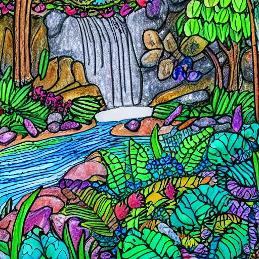 Image similar to an adult coloring page of a waterfall in the enchanted forest, light detail