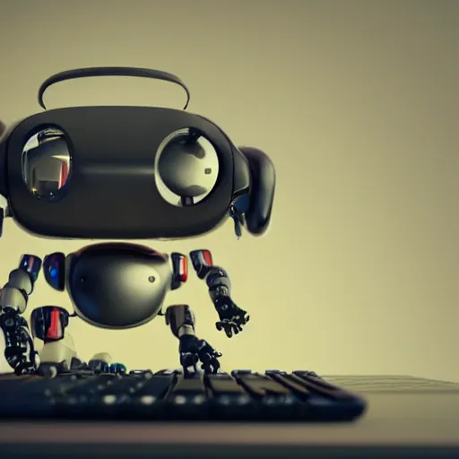 Image similar to toy robot typing on a computer, dslr, 8 k, octane beautifully detailed render, warm mood, cinematic lighting, detailed photo, masterpiece, volumetric lighting, ultra realistic, highly detailed, high quality, lossless, photorealistic