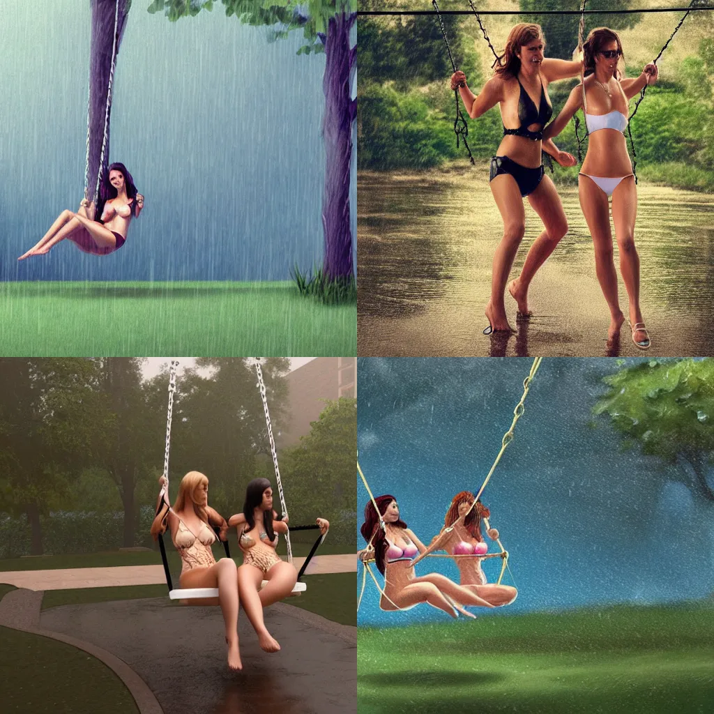 Prompt: two women in transparent bikinis swinging on a swing in the rain, highly detailed, artstation,