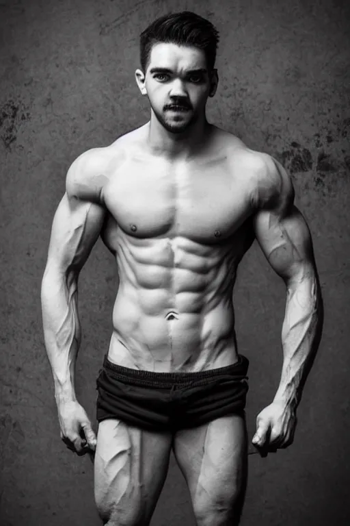 Image similar to 📷 Sean McLoughlin, jacksepticeye, irish youtuber, is a jacked muscle builder gigachad, grayscale photography