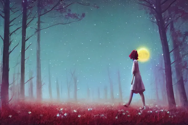 Image similar to giant daisy flower over head, girl walking in forest, surreal photography, dark night, stars, moon light, impressionist painting, clouds, digital painting, artstation, simon stalenhag