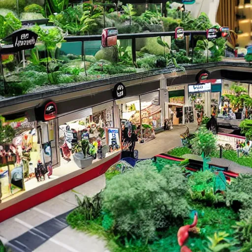 Image similar to A diorama of a shopping center in the middle of the Jungle