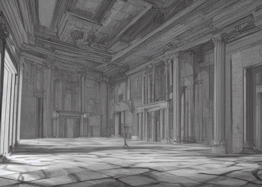 Image similar to interior of a masonic temple, black and white, concept art, detailed, 4k, artstation