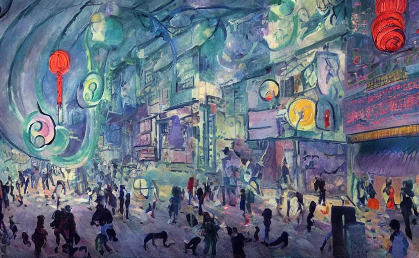 Image similar to people with posters and a huge spiral - shaped white luminous attractor is floating on the horizon near chinese street, concept art, art for the game, professional lighting, by henri matisse