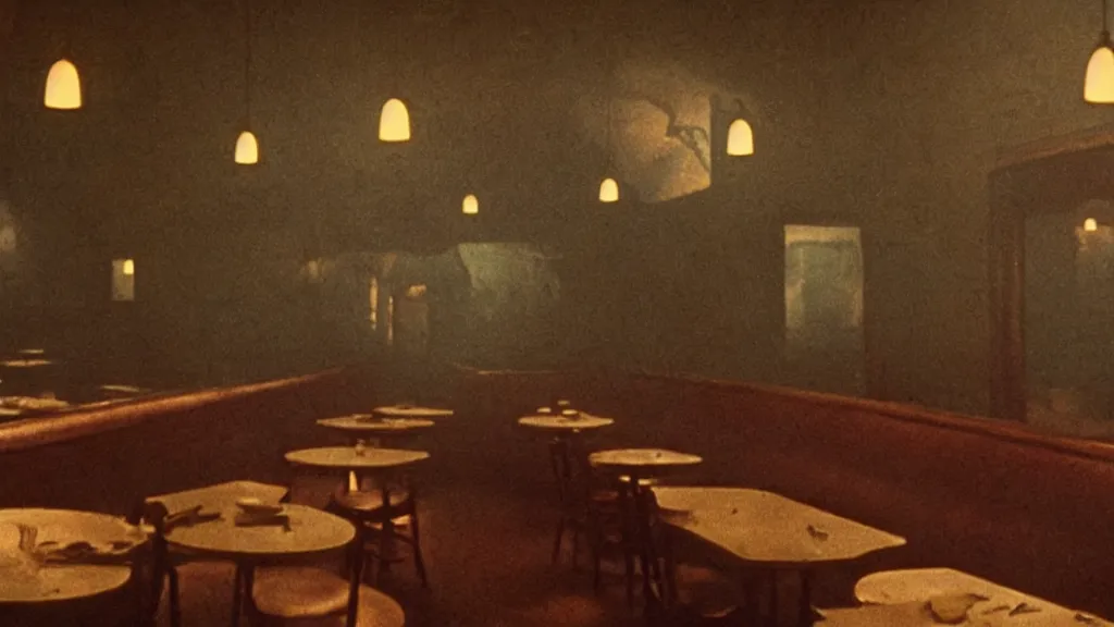 Prompt: the haunted fast food restaurant, film still from the movie directed by denis villeneuve and david cronenberg with art direction by salvador dali and zdzisław beksinski, wide lens