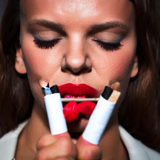 Prompt: woman smoking a cigarette, cigarette in mouth, cigarette in mouth, smoking, smoking, smoking, smoking, smoking a cigarette, smoke, red lipstick, close up