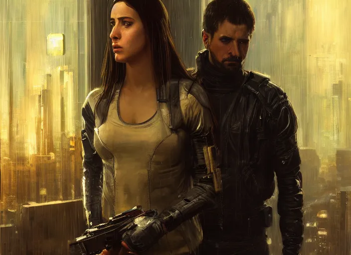 Image similar to Maria. Cyberpunk female hacker wearing stealth suit hiding from police patrol (blade runner 2049, cyberpunk 2077). Orientalist portrait by john william waterhouse and James Gurney and Theodore Ralli and Nasreddine Dinet, oil on canvas. Cinematic, hyper realism, realistic proportions, dramatic lighting, high detail 4k