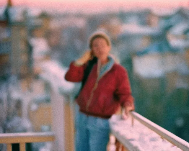 Image similar to lomo photo of pair standing on small hrushevka balcony full with cigarette smoke in small russian town looking at sunset, cinestill, bokeh